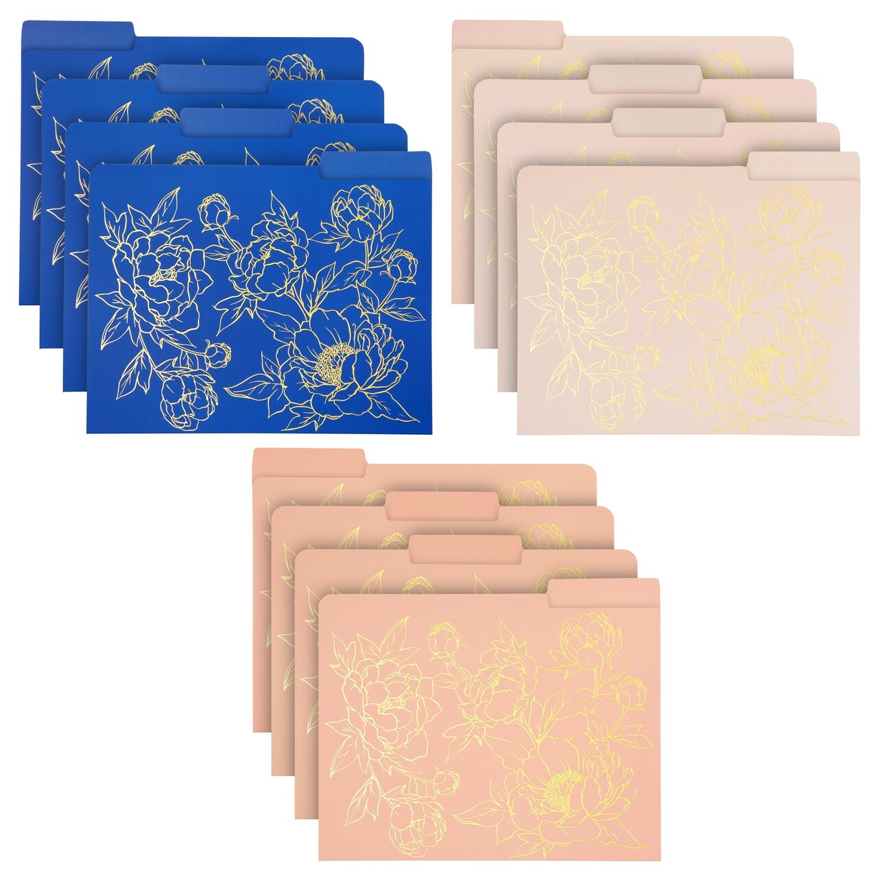 12 Pack Decorative Floral File Folders for Women with Gold Foil Accents, 1/3 Cut Tab Letter Size for Office Supplies (3 Colors, 11.5 x 9.5 In)